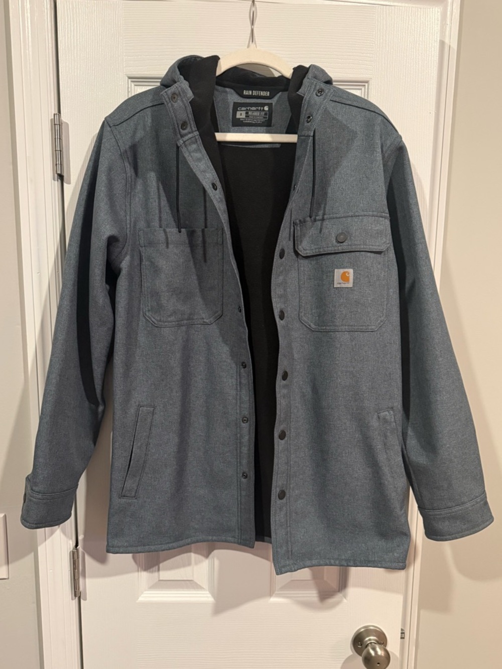 Carhartt Rain Defender Jacket Men’s Small Gray Denim Look Hooded Workwear